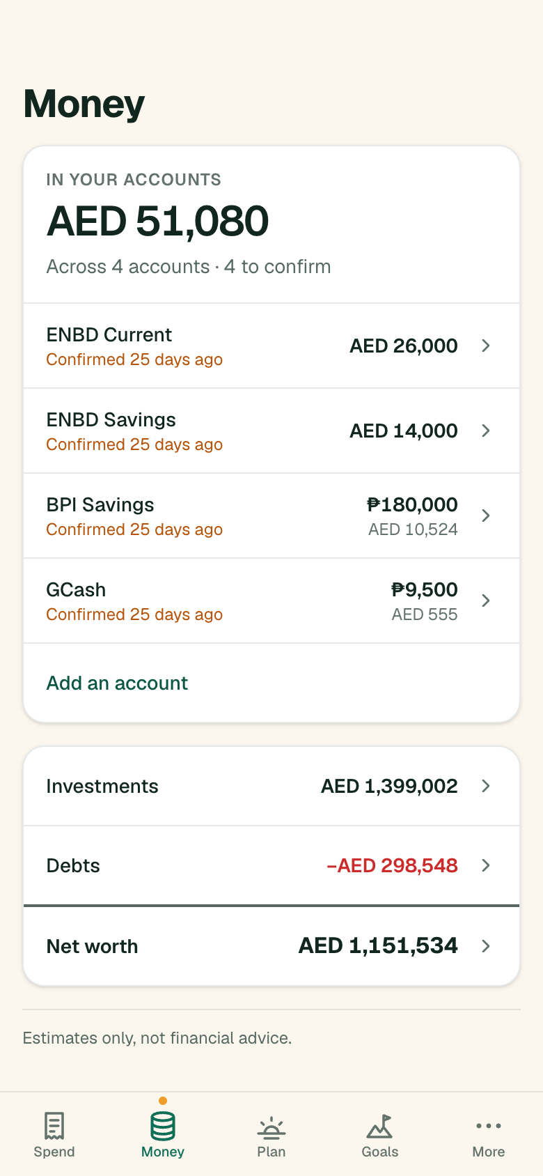 The RightPlano app's Money screen: accounts in dirhams and pesos, with investments, debts and net worth