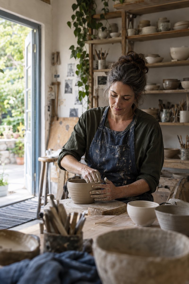 A potter shaping a bowl at a wheel in a sunlit studio